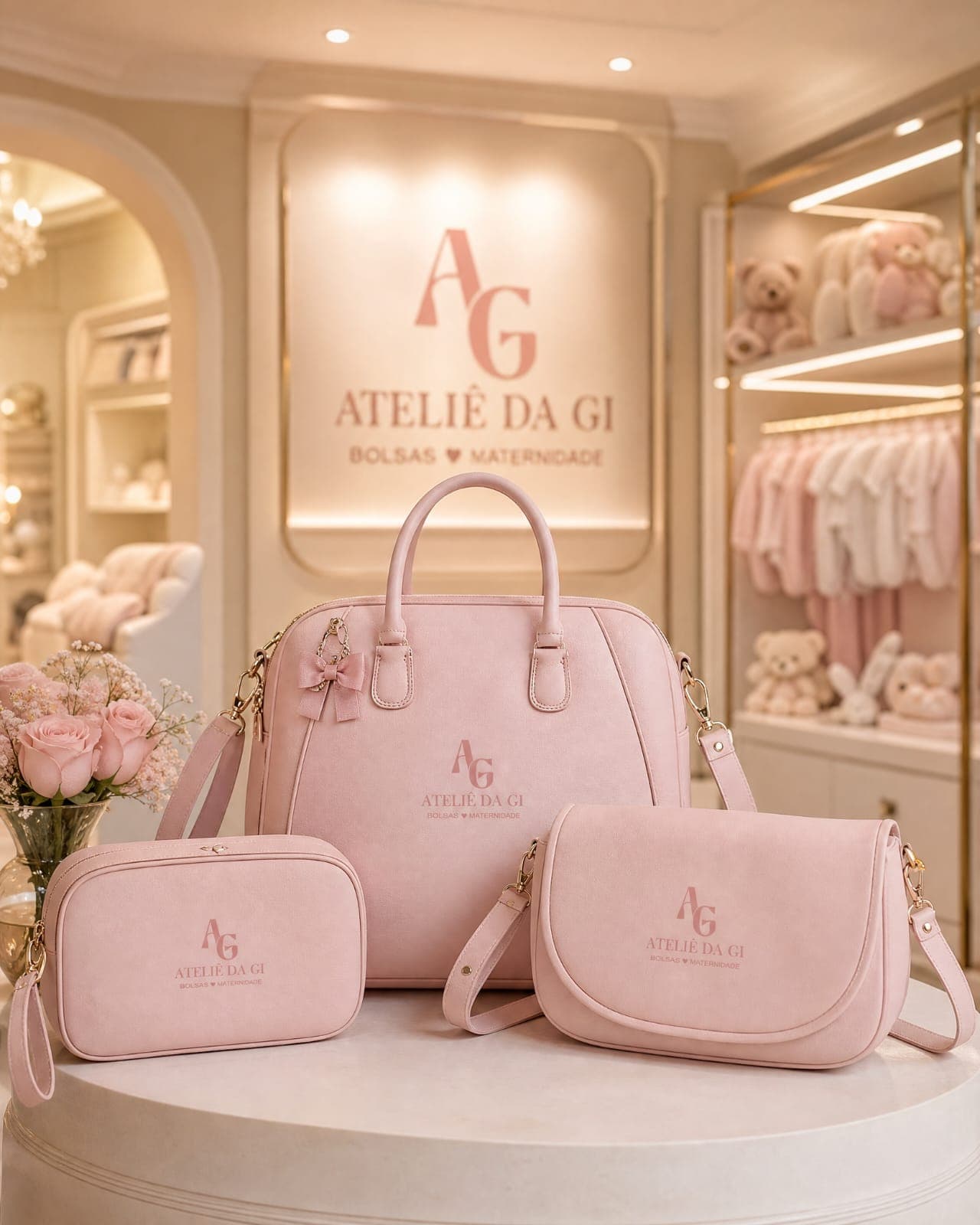 Bolsas personalizadas do Ateliê da Gi em ambiente de boutique